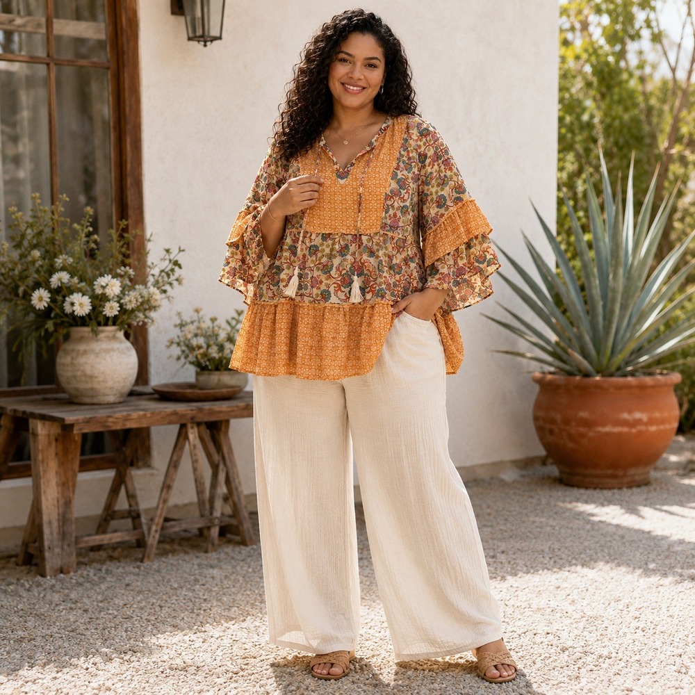 DR2 Daniel Rainn Orange Floral Paisley Tiered Boho Tunic Top Bell Sleeve 1X